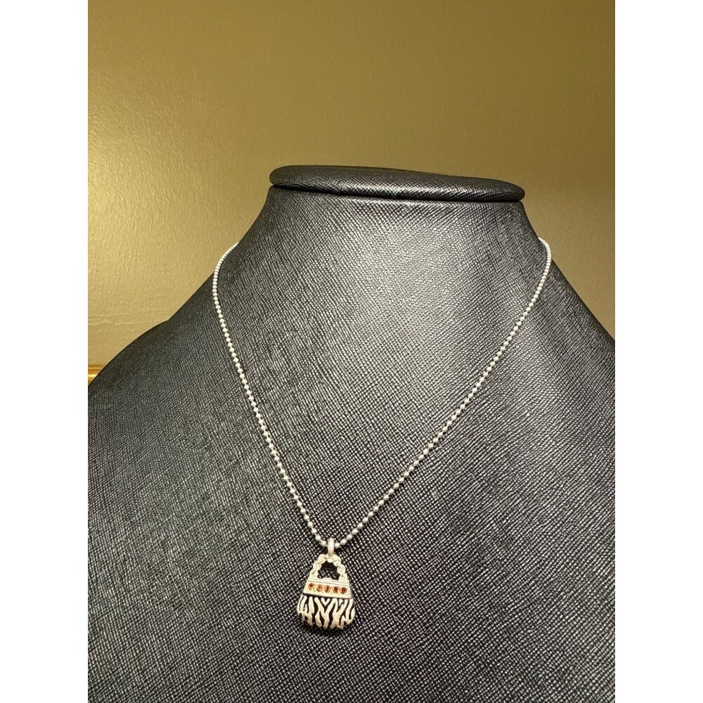 AJMC Silver Tone Necklace With Zebra Purse Pendant & Rhinestones
